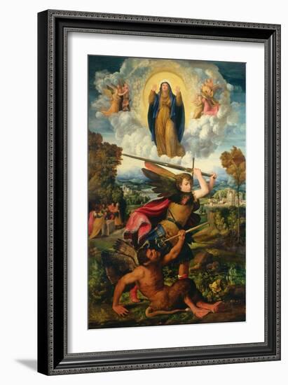 Saint Michael with the Devil and Our Lady of the Assumption Between Angels-Dosso Dossi-Framed Giclee Print