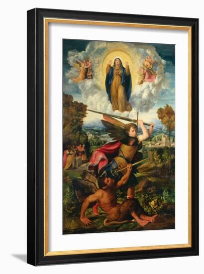 Saint Michael with the Devil and Our Lady of the Assumption Between Angels-Dosso Dossi-Framed Giclee Print