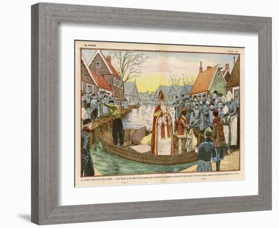 Saint Nicolas Arrives by Canal in a Dutch Village Accompanied by Black Peter-Eugene Damblans-Framed Art Print