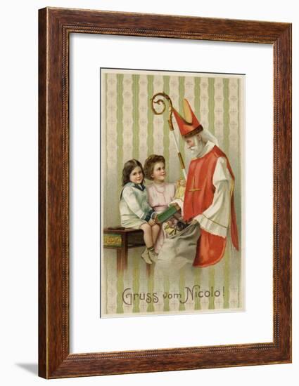 Saint Nicolas of Myra Depicted as Santa Claus, Distributing Presents to Children-null-Framed Art Print