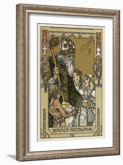 Saint Nicolas with Children, The Original Santa Claus-Heinrich Lefler-Framed Art Print