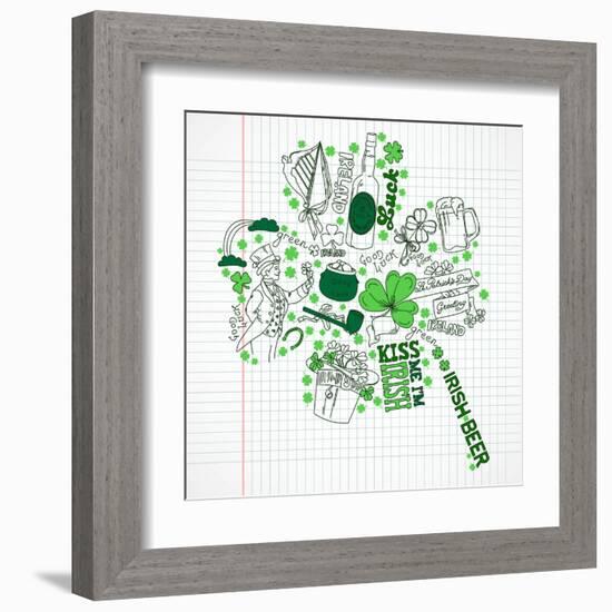 Saint Patrick's Day Doodles in the Shape of Clover with Four Leaves-Alisa Foytik-Framed Art Print