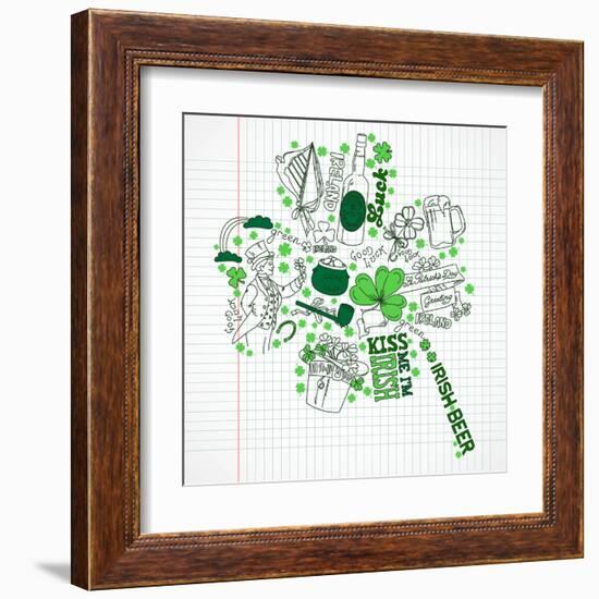 Saint Patrick's Day Doodles in the Shape of Clover with Four Leaves-Alisa Foytik-Framed Art Print