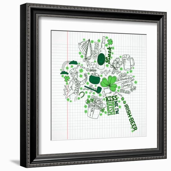 Saint Patrick's Day Doodles in the Shape of Clover with Four Leaves-Alisa Foytik-Framed Art Print