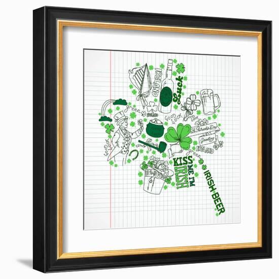 Saint Patrick's Day Doodles in the Shape of Clover with Four Leaves-Alisa Foytik-Framed Art Print