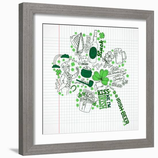 Saint Patrick's Day Doodles in the Shape of Clover with Four Leaves-Alisa Foytik-Framed Art Print