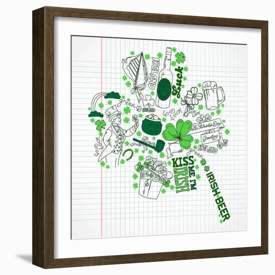 Saint Patrick's Day Doodles in the Shape of Clover with Four Leaves-Alisa Foytik-Framed Art Print