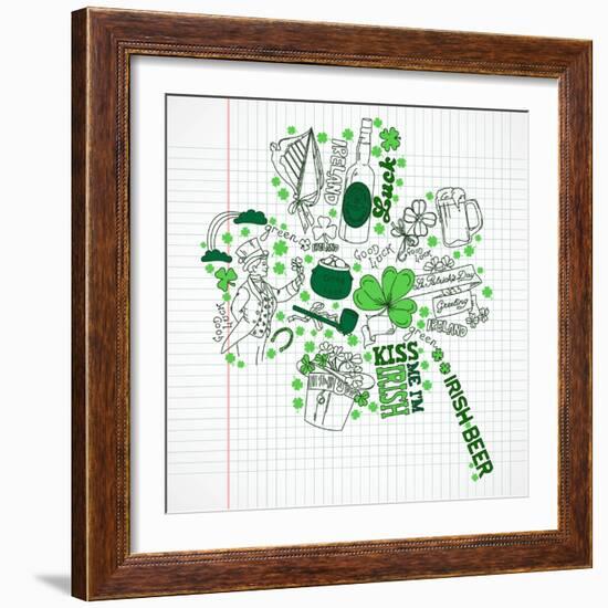 Saint Patrick's Day Doodles in the Shape of Clover with Four Leaves-Alisa Foytik-Framed Art Print