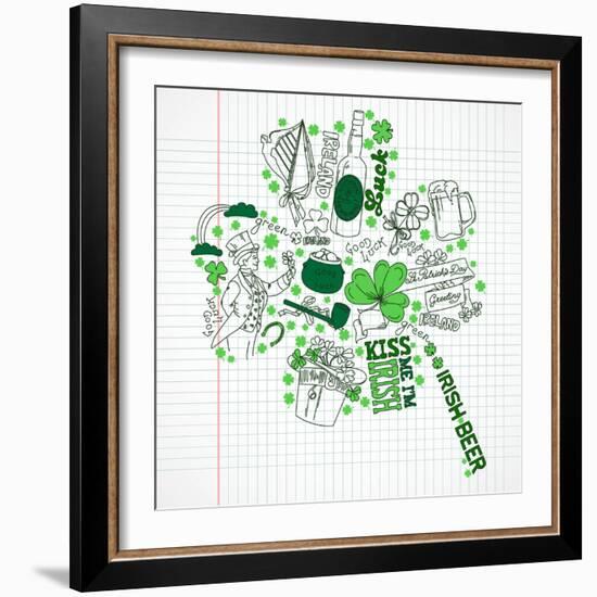 Saint Patrick's Day Doodles in the Shape of Clover with Four Leaves-Alisa Foytik-Framed Art Print