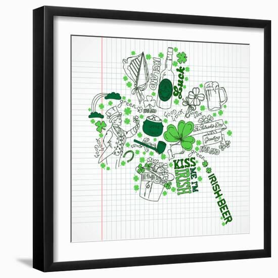 Saint Patrick's Day Doodles in the Shape of Clover with Four Leaves-Alisa Foytik-Framed Art Print