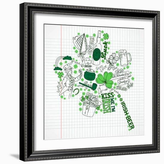 Saint Patrick's Day Doodles in the Shape of Clover with Four Leaves-Alisa Foytik-Framed Art Print