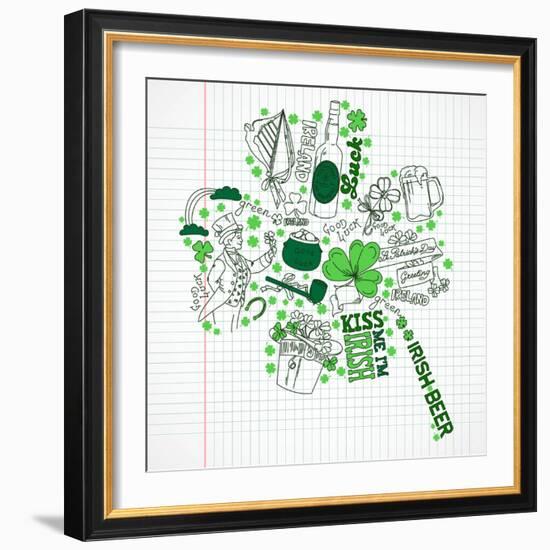 Saint Patrick's Day Doodles in the Shape of Clover with Four Leaves-Alisa Foytik-Framed Art Print