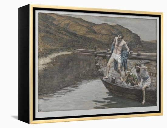 Saint Peter Alerted by Saint John to the Presence of the Lord Casts Himself into the Water-James Tissot-Framed Premier Image Canvas