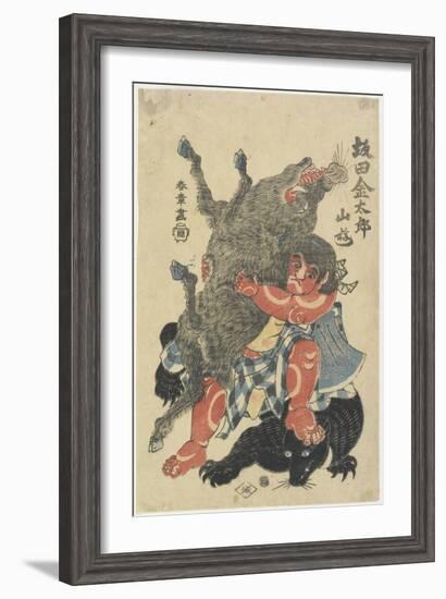 Sakata Kintaro Playing with Wild Animals in Mountain, Late 18th Century-Katsukawa Shunsho-Framed Giclee Print