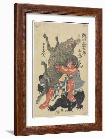 Sakata Kintaro Playing with Wild Animals in Mountain, Late 18th Century-Katsukawa Shunsho-Framed Giclee Print