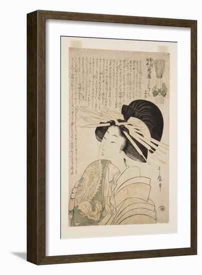 Sakikusa of the Daimonjiya, Kamuro Mitsuba and Yotsuba (Colour Woodblock Print)-Kitagawa Utamaro-Framed Giclee Print