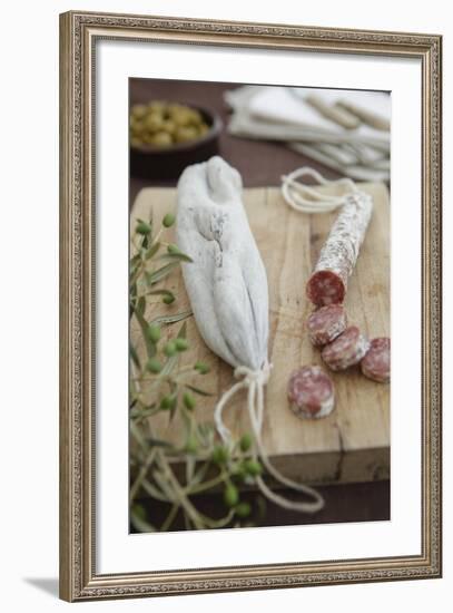 Salami, Completely, Bragged, Wood Board, Olive Branch, Detail, Fuzziness-Nikky-Framed Photographic Print