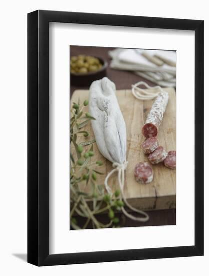 Salami, Completely, Bragged, Wood Board, Olive Branch, Detail, Fuzziness-Nikky-Framed Photographic Print