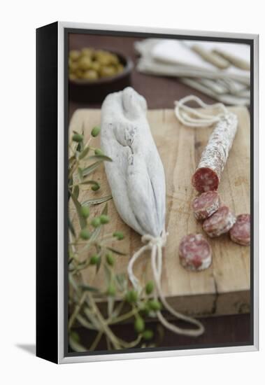 Salami, Completely, Bragged, Wood Board, Olive Branch, Detail, Fuzziness-Nikky-Framed Premier Image Canvas