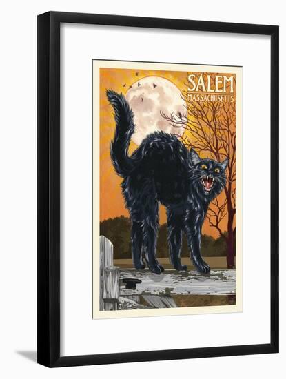 Salem, Massachusetts - Black Cat and Moon-Lantern Press-Framed Art Print