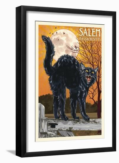 Salem, Massachusetts - Black Cat and Moon-Lantern Press-Framed Art Print