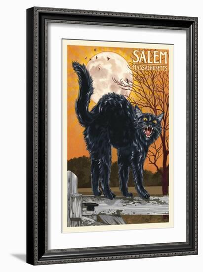 Salem, Massachusetts - Black Cat and Moon-Lantern Press-Framed Art Print