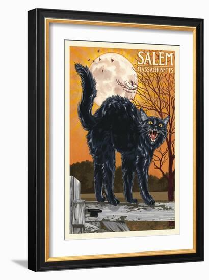 Salem, Massachusetts - Black Cat and Moon-Lantern Press-Framed Art Print