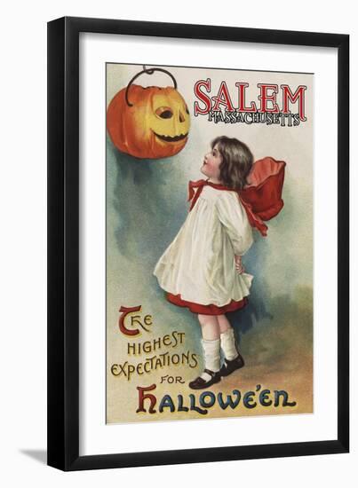 Salem, Massachusetts - Halloween Greeting - Girl in Red and White - Vintage Artwork-Lantern Press-Framed Premium Giclee Print