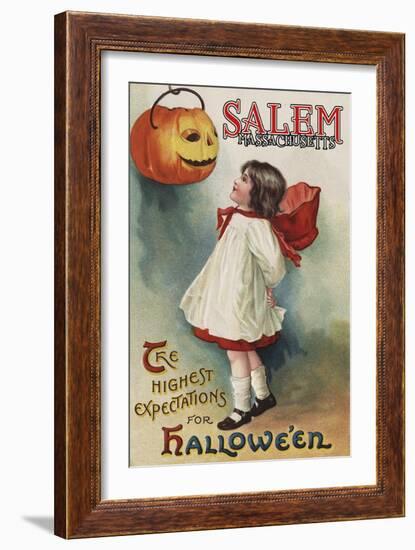 Salem, Massachusetts - Halloween Greeting - Girl in Red and White - Vintage Artwork-Lantern Press-Framed Art Print