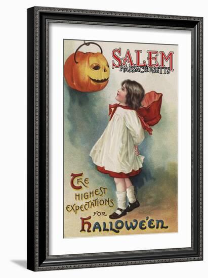 Salem, Massachusetts - Halloween Greeting - Girl in Red and White - Vintage Artwork-Lantern Press-Framed Art Print