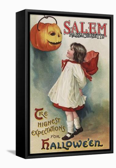 Salem, Massachusetts - Halloween Greeting - Girl in Red and White - Vintage Artwork-Lantern Press-Framed Stretched Canvas