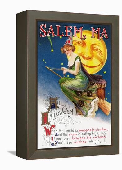 Salem, Massachusetts - Halloween Greeting - Witch on a Broom by Full Moon - Vintage Artwork-Lantern Press-Framed Stretched Canvas