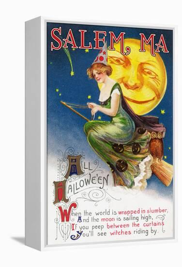 Salem, Massachusetts - Halloween Greeting - Witch on a Broom by Full Moon - Vintage Artwork-Lantern Press-Framed Stretched Canvas