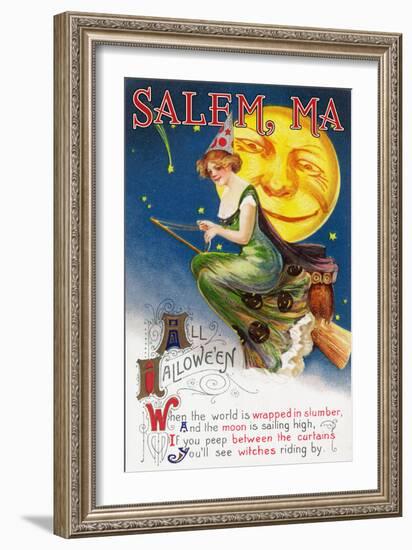 Salem, Massachusetts - Halloween Greeting - Witch on a Broom by Full Moon - Vintage Artwork-Lantern Press-Framed Art Print