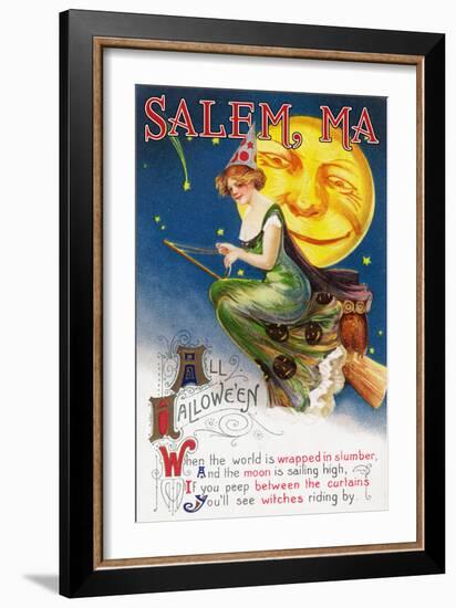 Salem, Massachusetts - Halloween Greeting - Witch on a Broom by Full Moon - Vintage Artwork-Lantern Press-Framed Art Print