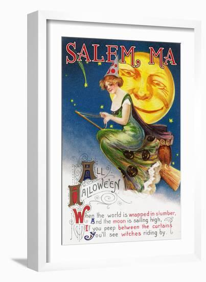 Salem, Massachusetts - Halloween Greeting - Witch on a Broom by Full Moon - Vintage Artwork-Lantern Press-Framed Art Print