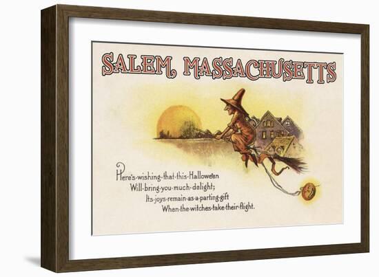 Salem, Massachusetts - Halloween Joys - Witch on Broom - Vintage Artwork-Lantern Press-Framed Art Print