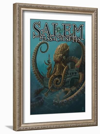 Salem, Massachusetts - Octopus and Submersible-Lantern Press-Framed Art Print