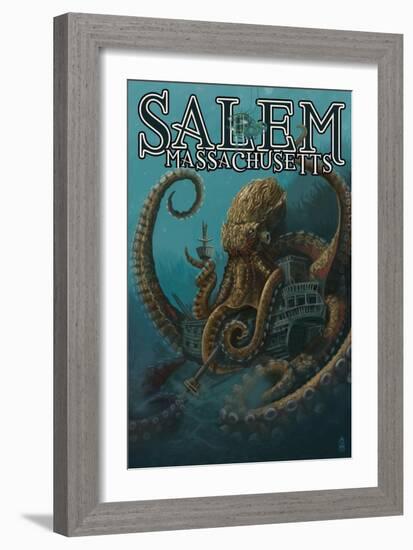 Salem, Massachusetts - Octopus and Submersible-Lantern Press-Framed Art Print