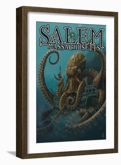 Salem, Massachusetts - Octopus and Submersible-Lantern Press-Framed Art Print