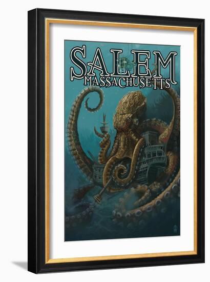 Salem, Massachusetts - Octopus and Submersible-Lantern Press-Framed Art Print