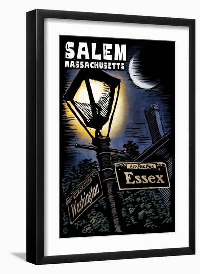 Salem, Massachusetts - Street Lampost at Night - Scratchboard-Lantern Press-Framed Art Print