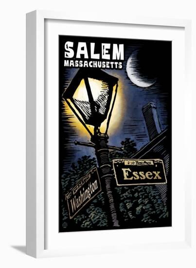 Salem, Massachusetts - Street Lampost at Night - Scratchboard-Lantern Press-Framed Art Print