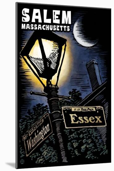 Salem, Massachusetts - Street Lampost at Night - Scratchboard-Lantern Press-Mounted Art Print