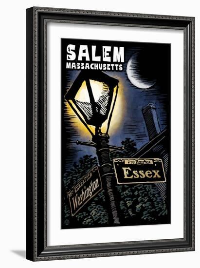 Salem, Massachusetts - Street Lampost at Night - Scratchboard-Lantern Press-Framed Art Print