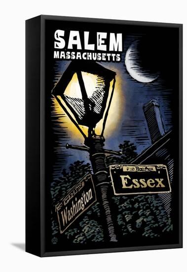 Salem, Massachusetts - Street Lampost at Night - Scratchboard-Lantern Press-Framed Stretched Canvas