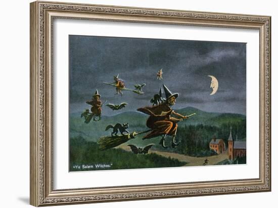 Salem, Massachusetts - Ye Salem Witches in Flight-Lantern Press-Framed Art Print