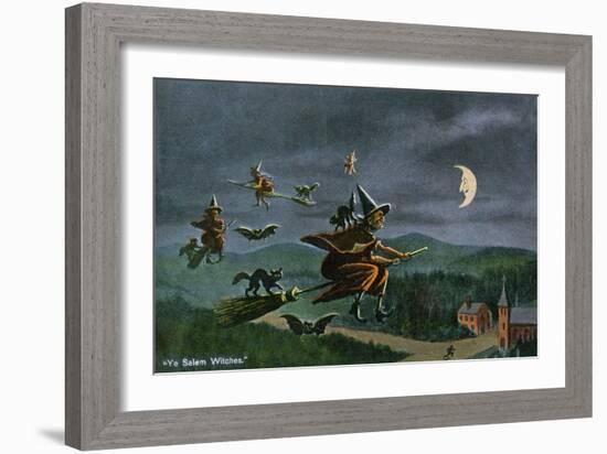 Salem, Massachusetts - Ye Salem Witches in Flight-Lantern Press-Framed Art Print