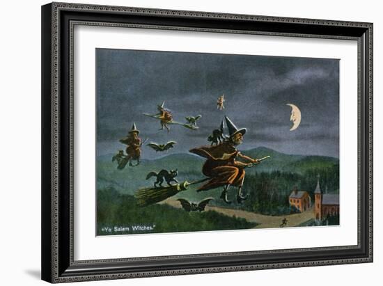 Salem, Massachusetts - Ye Salem Witches in Flight-Lantern Press-Framed Art Print