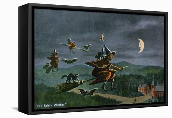 Salem, Massachusetts - Ye Salem Witches in Flight-Lantern Press-Framed Stretched Canvas